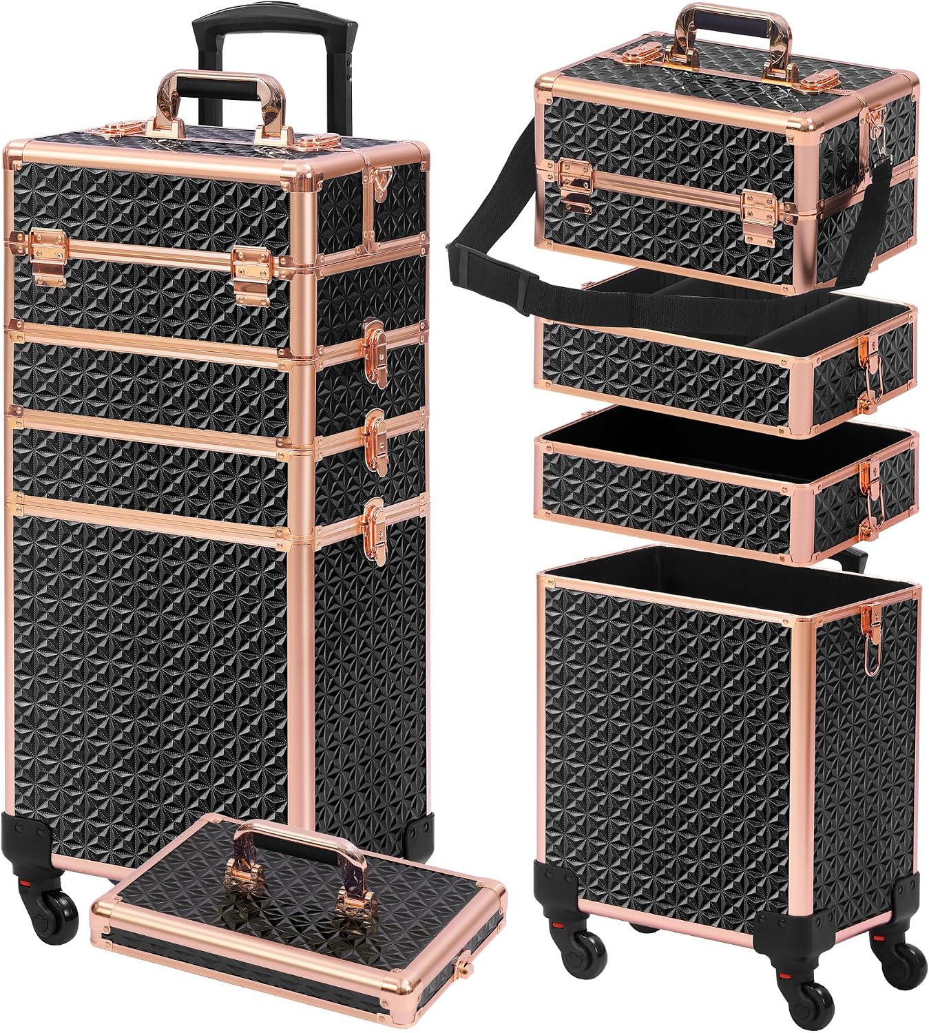 Makeup - Black‑Gold 5‑in‑1 Rolling Makeup Train Case